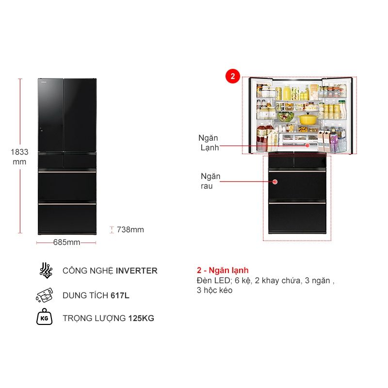 Tủ lạnh 6 cánh 617 lít Hitachi HW620 XK 5 Chi tiết tủ lạnh 6 cánh 617 lít Hitachi HW620 XK