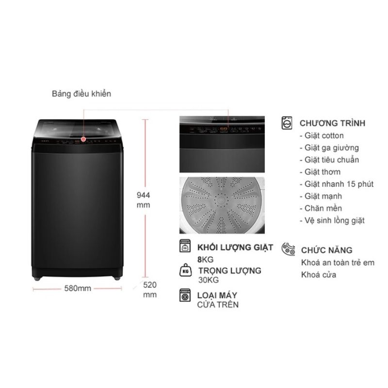 Máy Giặt Aqua 8 Kg AWM8-316K(B) cửa trên 5 Kích thước máy Giặt Aqua 8 Kg AWM8-316K(B) cửa trên