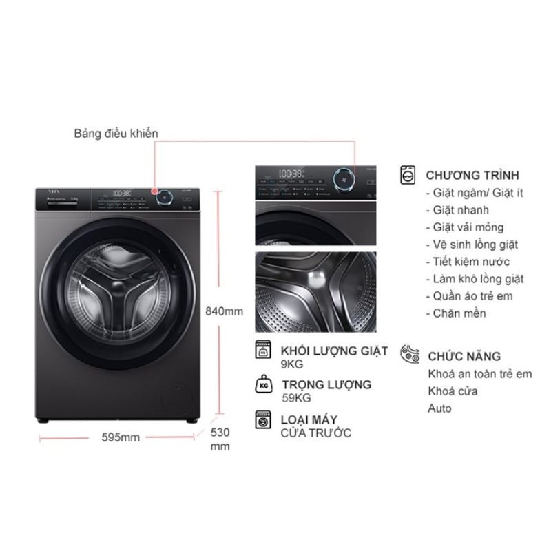 Máy Giặt Aqua 9 Kg AQD-A900F.S cửa trước 5 Kích thước máy Giặt Aqua 9 Kg AQD-A900F.S cửa trước