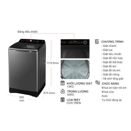 Máy Giặt Aqua Inverter 13 Kg AQW-DR130UGT.PS cửa trên 9 Kích thước máy Giặt Aqua Inverter 13 Kg AQW-DR130UGT.PS cửa trên