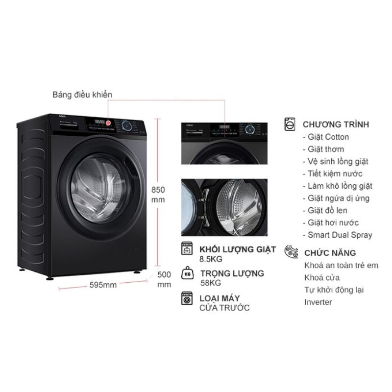 Máy Giặt Aqua Inverter 8.5 Kg AQD-A852J.BK cửa trước 6 Kích thước máy Giặt Aqua Inverter 8.5 Kg AQD-A852J.BK cửa trước