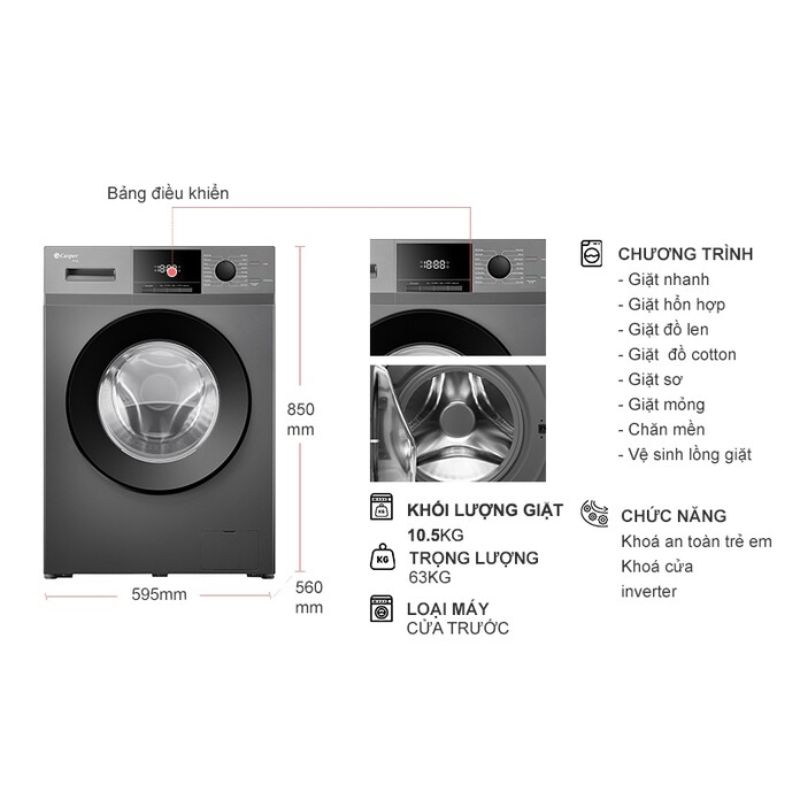 Máy Giặt Casper Inverter 10.5 Kg WF-105VG5 cửa trước 5 Kích thước máy Giặt Casper Inverter 10.5 Kg WF-105VG5 cửa trước