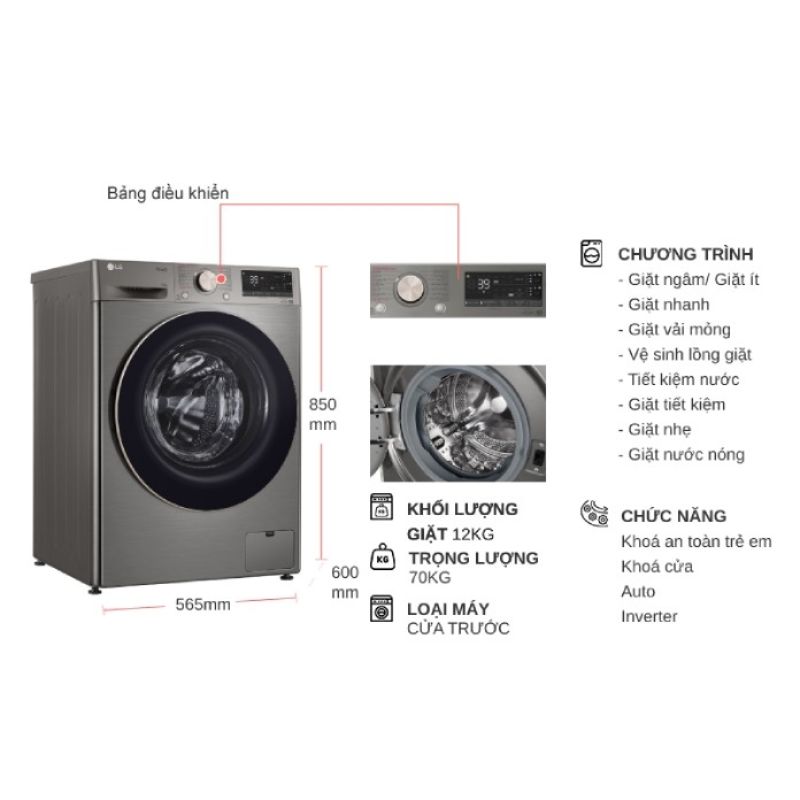 Máy Giặt LG Inverter 12 Kg FV1412S3PA cửa trước 6 Kích thước máy Giặt LG Inverter 12 Kg FV1412S3PA cửa trước