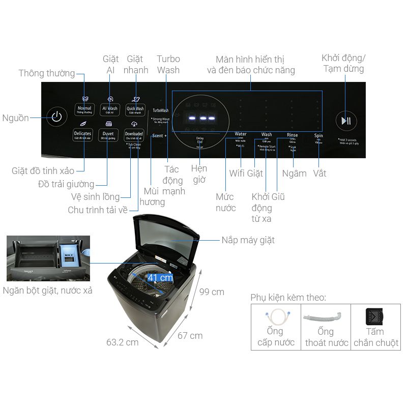 Máy Giặt LG Inverter 19 Kg TV2519DV7B cửa trên 6 Kích thước máy Giặt LG Inverter 19 Kg TV2519DV7B cửa trên