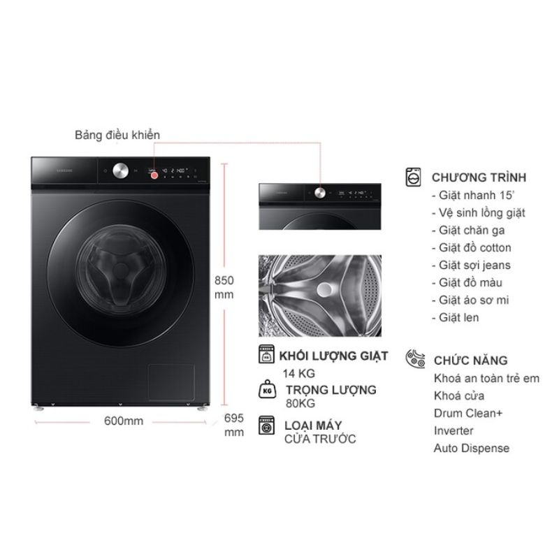 Máy Giặt Samsung Bespoke AI Inverter 14 kg WW14BB944DGBSV cửa trước 7 Kích thước máy Giặt Samsung Bespoke AI Inverter 14 kg WW14BB944DGBSV cửa trước