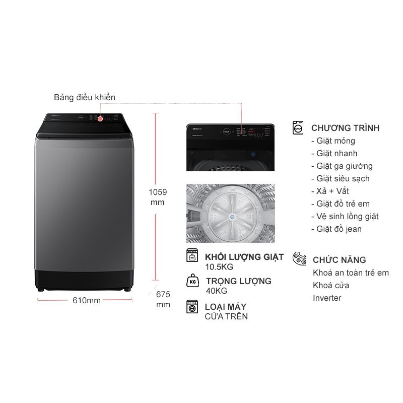 Máy giặt Samsung Inverter 10.5 kg WA10CG5745BDSV cửa trên 6 Kích thước máy giặt Samsung Inverter 10.5 kg WA10CG5745BDSV cửa trên