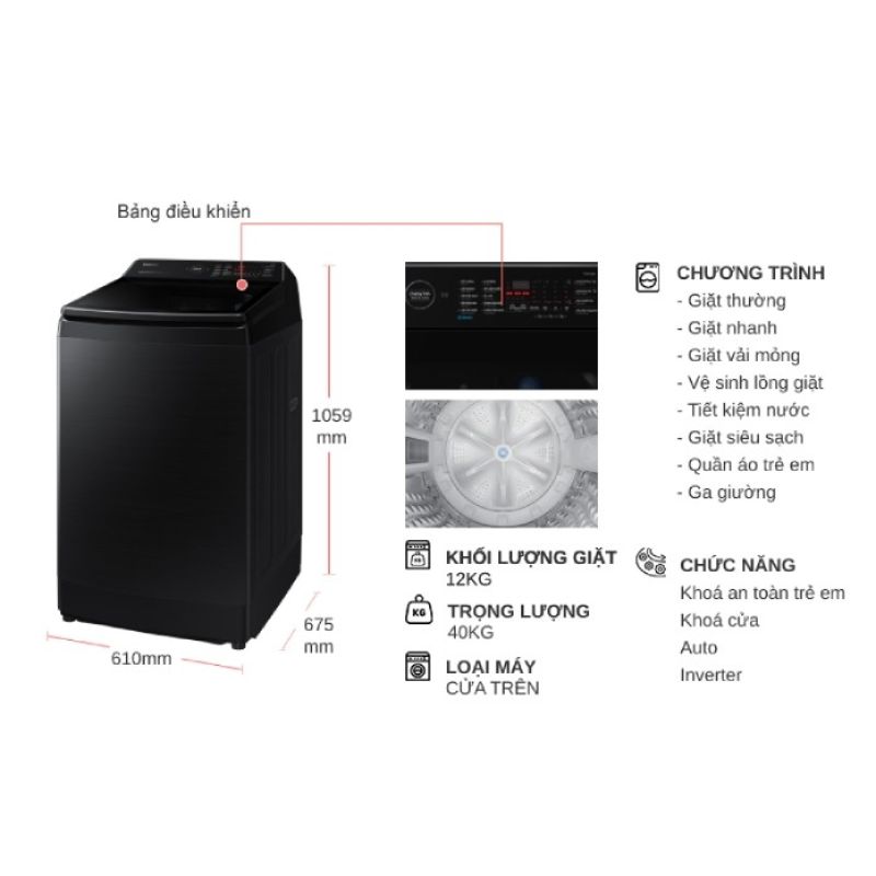 Máy Giặt Samsung Inverter 12 kg WA12CG5745BVSV cửa trên 6 Kích thước máy Giặt Samsung Inverter 12 kg WA12CG5745BVSV cửa trên