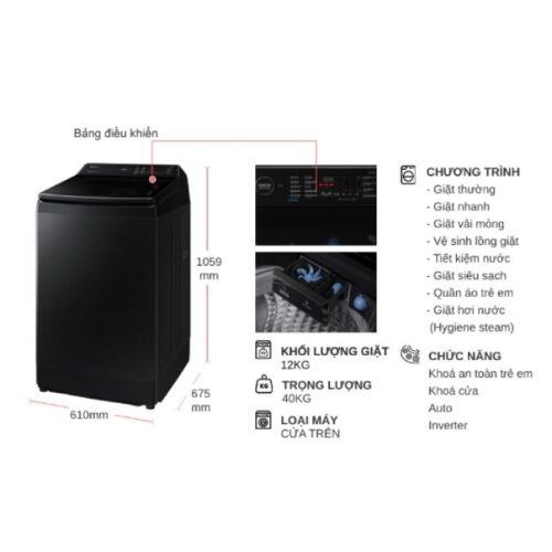 Máy Giặt Samsung Inverter 12 kg WA12CG5886BVSV cửa trên 9 Kích thước máy Giặt Samsung Inverter 12 kg WA12CG5886BVSV cửa trên