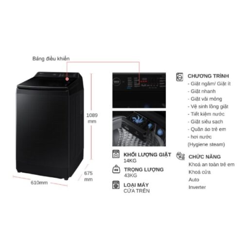 Máy Giặt Samsung Inverter 14 kg WA14CG5886BVSV cửa trên 9 Kích thước máy giặt Samsung Inverter 14 kg WA14CG5886BVSV cửa trên
