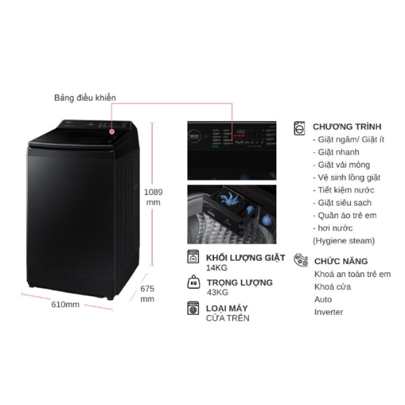 Máy Giặt Samsung Inverter 14 kg WA14CG5886BVSV cửa trên 6 Kích thước máy giặt Samsung Inverter 14 kg WA14CG5886BVSV cửa trên
