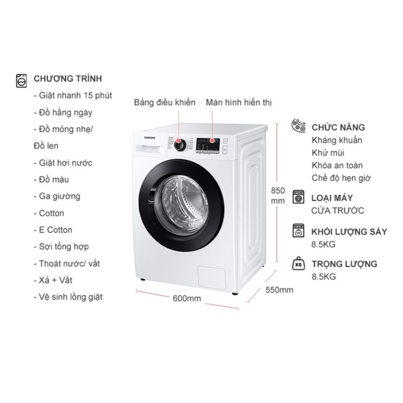 Máy Giặt Samsung Inverter 8.5 Kg WW85T4040CE/SV 5 Kích thước máy Giặt Samsung Inverter 8.5 Kg WW85T4040CE / SV