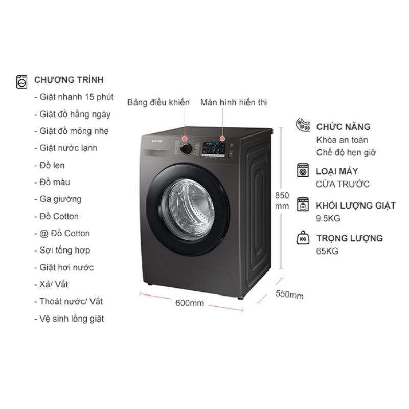 Máy Giặt Samsung Inverter 9.5 Kg WW95TA046AX/SV cửa trước 6 Kích thước máy Giặt Samsung Inverter 9.5 Kg WW95TA046AX / SV cửa trước