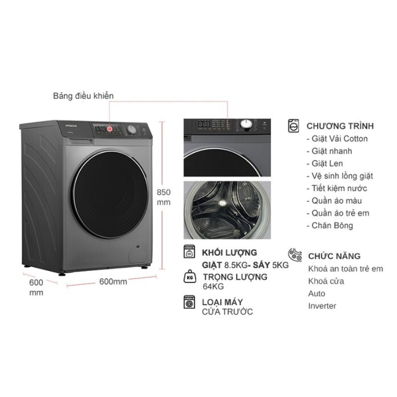 Máy Giặt Sấy Hitachi Inverter Giặt 8.5 Kg - Sấy 5 Kg BD-D852HVOS cửa trước 5 Kích thước máy Giặt Sấy Hitachi Inverter Giặt 8.5 Kg - Sấy 5 Kg BD-D852HVOS cửa trước