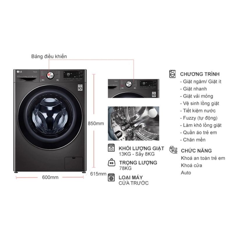 Máy Giặt Sấy LG Inverter Giặt 13 Kg - Sấy 8 Kg FV1413H3BA 4 Máy Giặt Sấy LG Inverter Giặt 13 Kg - Sấy 8 Kg FV1413H3BA - Ảnh 2