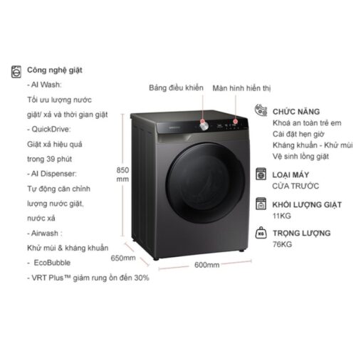 Máy Giặt Sấy Samsung Inverter AI Giặt 11 Kg - Sấy 7 Kg WD11T734DBX/SV 11 Kích thước máy Giặt Sấy Samsung Inverter AI Giặt 11 Kg - Sấy 7 Kg WD11T734DBX/SV