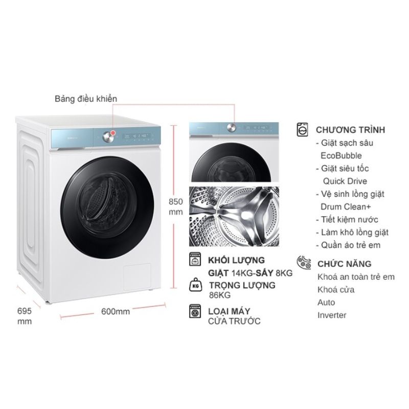 Máy Giặt Sấy Samsung Inverter Giặt 14 Kg - Sấy 8 Kg WD14BB944DGMSV 7 Kích thước máy Giặt Sấy Samsung Inverter Giặt 14 Kg - Sấy 8 Kg WD14BB944DGMSV