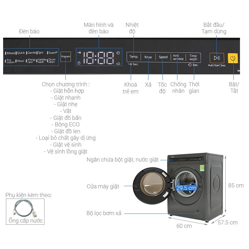 Máy Giặt Whirlpool Inverter 8 Kg FWEB8002FG cửa trước 6 Kích thước máy Giặt Whirlpool Inverter 8 Kg FWEB8002FG cửa trước