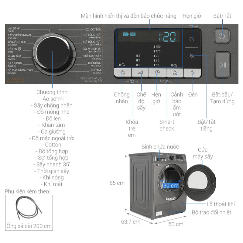 Máy Sấy Bơm Nhiệt Samsung 9 Kg DV90TA240AX/SV 5 Kích thước máy Sấy Bơm Nhiệt Samsung 9 Kg DV90TA240AX/SV