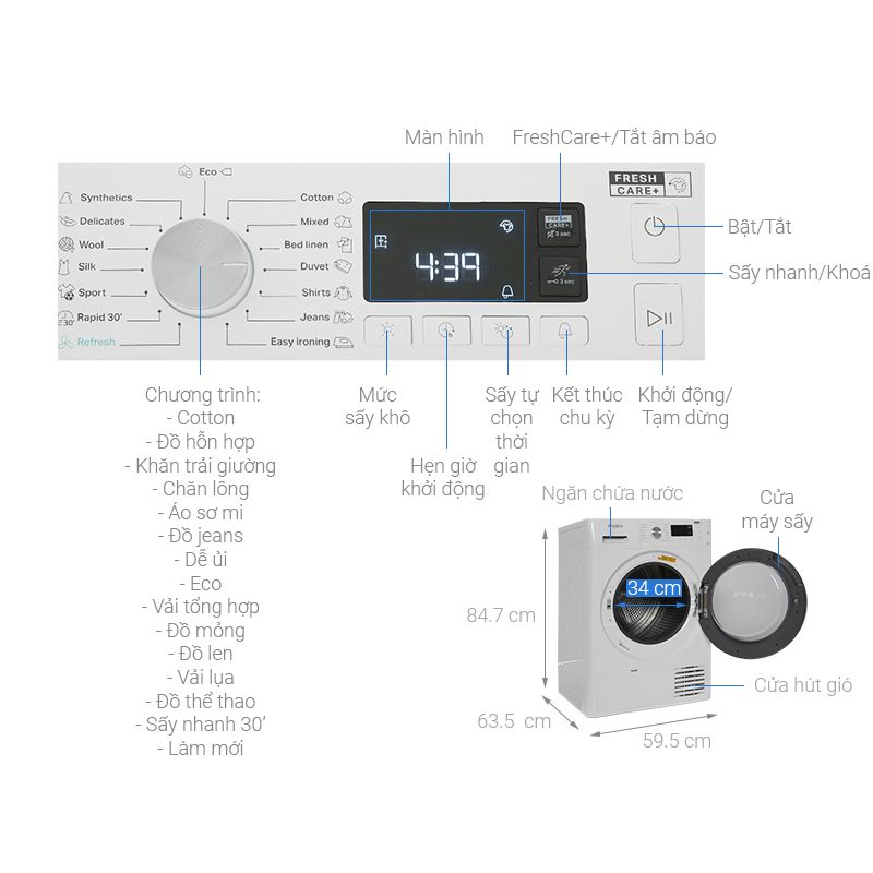 Máy Sấy Ngưng Tụ Whirlpool 8 Kg FFTCM118XBEE 6 Kích thước máy Sấy Ngưng Tụ Whirlpool 8 Kg FFTCM118XBEE