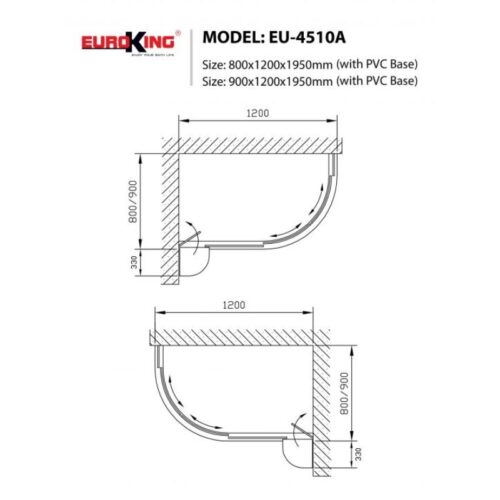 Kích thước phòng tắm vách kính Euroking EU-4510A 900mm