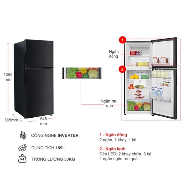 Tủ Lạnh 2 cánh Inverter 189 lít Aqua AQR-T220FA (FB) 5 Kích thước tủ Lạnh 2 cánh Inverter 189 lít Aqua AQR-T220FA (FB)