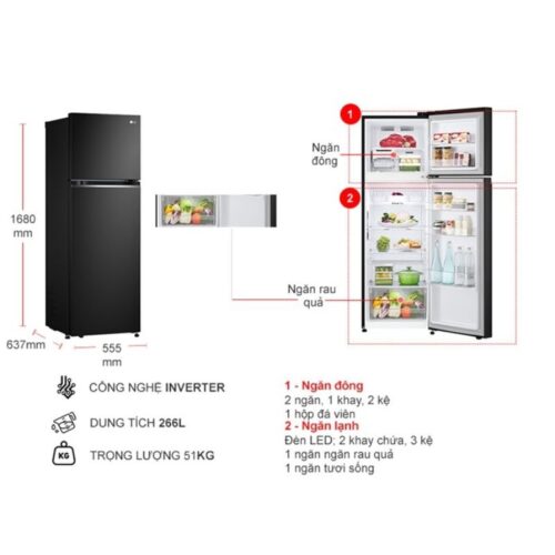 Tủ Lạnh 2 cánh Inverter 266 Lít LG GV-B262BL 9 Kích thước tủ Lạnh 2 cánh Inverter 266 Lít LG GV-B262BL