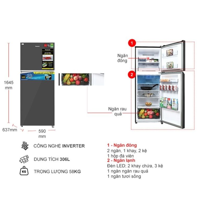 Tủ Lạnh 2 cánh Inverter 306 Lít Panasonic NR-TV341VGMV 5 Kích thước tủ Lạnh 2 cánh Inverter 306 Lít Panasonic NR-TV341VGMV