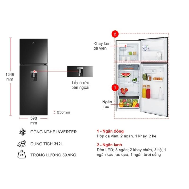Tủ Lạnh 2 cánh Inverter 312 Lít Electrolux ETB3440M-H 5 Kích thước tủ Lạnh 2 cánh Inverter 312 Lít Electrolux ETB3440M-H
