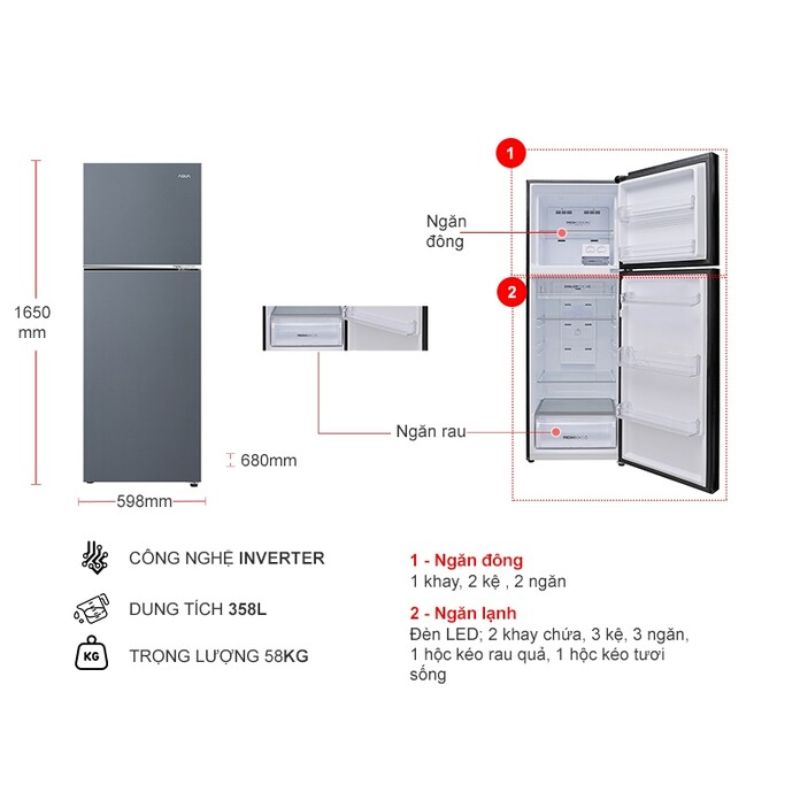 Tủ Lạnh 2 cánh Inverter 328 Lít Aqua AQR-T380FA(SL) 5 Kích thước tủ Lạnh 2 cánh Inverter 328 Lít Aqua AQR-T380FA(SL)