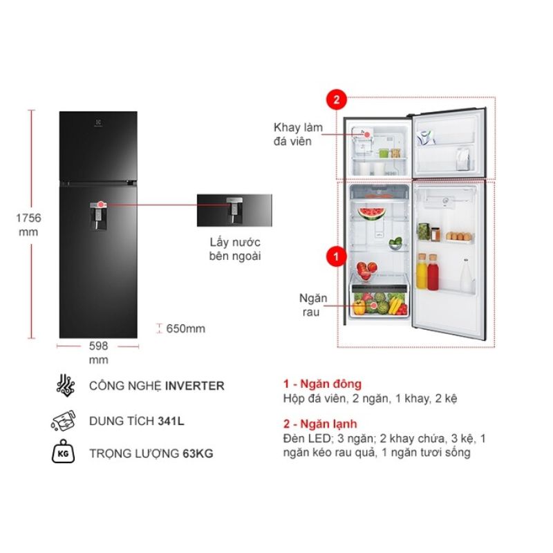 Tủ Lạnh 2 cánh Inverter 341 Lít Electrolux ETB3740M-H 5 Kích thước tủ Lạnh 2 cánh Inverter 341 Lít Electrolux ETB3740M-H