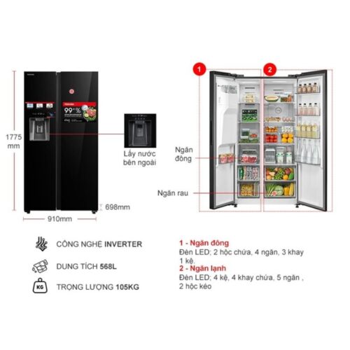 Tủ Lạnh 2 cánh side by side Inverter 568 Lít Toshiba GR-RS755WIA-PGV(22)-XK 7 Kích thước tủ Lạnh 2 cánh side by side Inverter 568 Lít Toshiba GR-RS755WIA-PGV(22)-XK
