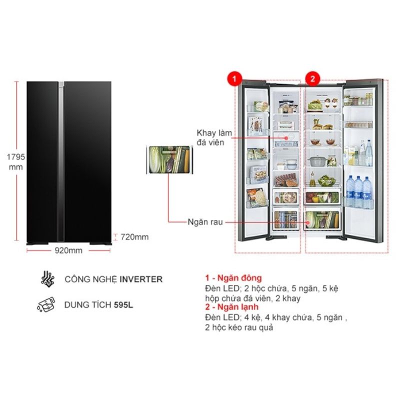 Tủ Lạnh 2 cánh side by side Inverter 595 Lít Hitachi R-S800PGV0 GBK 6 Kích thước tủ Lạnh 2 cánh side by side Inverter 595 Lít Hitachi R-S800PGV0 GBK