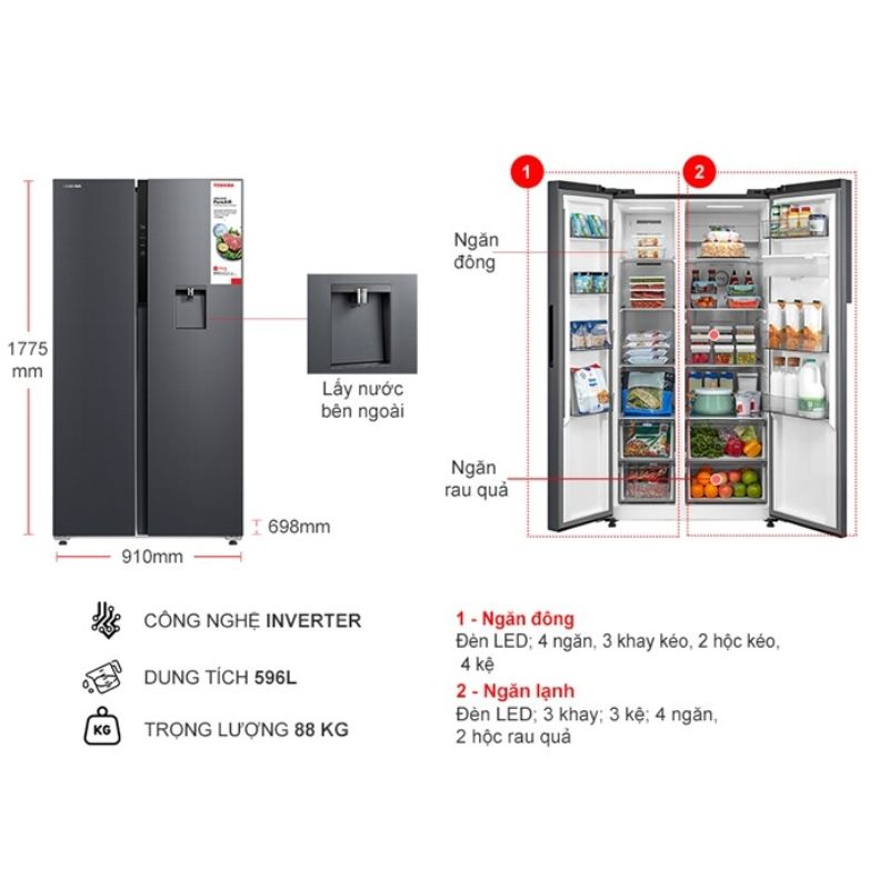 Tủ Lạnh 2 cánh side by side Inverter 596 Lít Toshiba GR-RS775WI-PMV(06)-MG 5 Kích thước tủ Lạnh 2 cánh side by side Inverter 596 Lít Toshiba GR-RS775WI-PMV(06)-MG