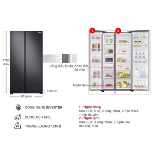 Tủ Lạnh 2 cánh side by side Inverter 680 Lít Samsung RS62R5001B4/SV 11 Kích thước tủ Lạnh 2 cánh side by side Inverter 680 Lít Samsung RS62R5001B4/SV