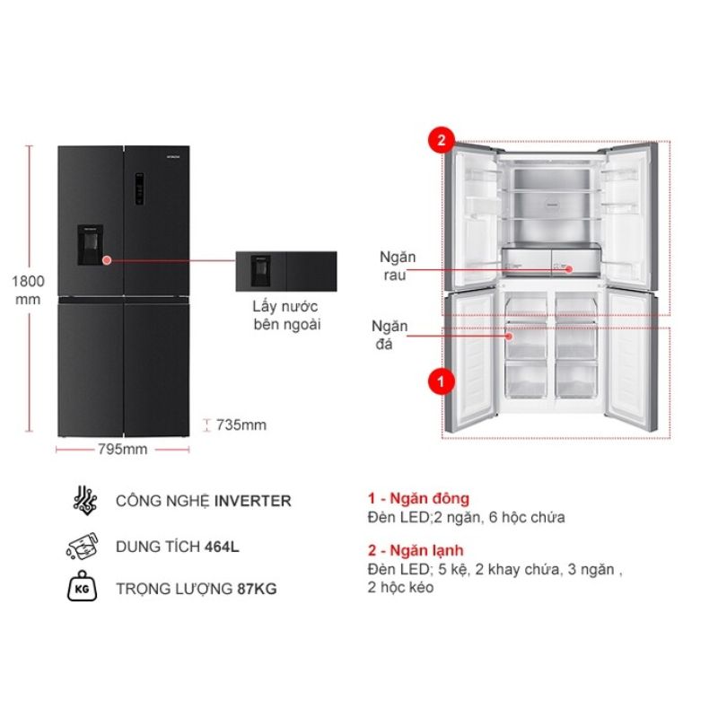 Tủ Lạnh 4 cánh Multi door Inverter 464 Lít Hitachi HR4N7520DSWDXVN 6 Kích thước tủ Lạnh 4 cánh Multi door Inverter 464 Lít Hitachi HR4N7520DSWDXVN