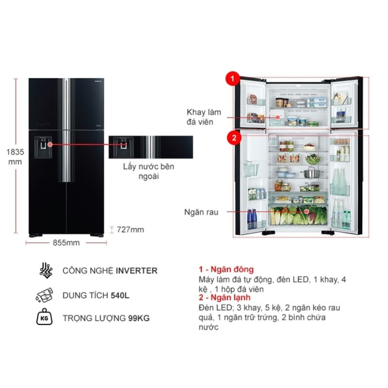 Tủ Lạnh 4 cánh Multi door Inverter 540 Lít Hitachi R-FW690PGV7 GBK 6 Kích thước tủ Lạnh 4 cánh Multi door Inverter 540 Lít Hitachi R-FW690PGV7 GBK