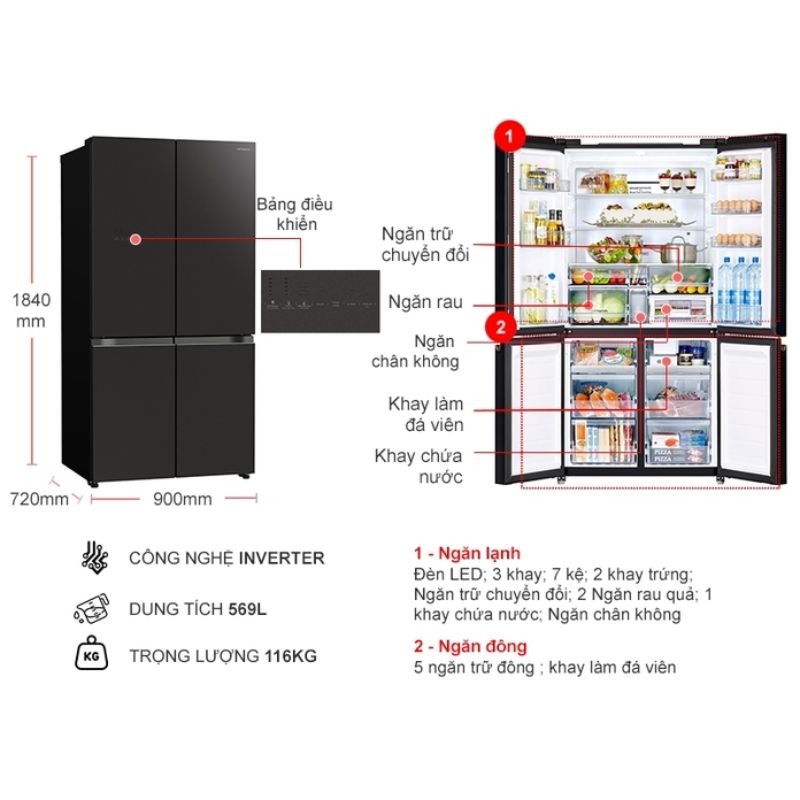 Tủ Lạnh 4 cánh Multi door Inverter 569 Lít Hitachi R-WB640VGV0 GMG 6 Kích thước tủ Lạnh 4 cánh Multi door Inverter 569 Lít Hitachi R-WB640VGV0 GMG