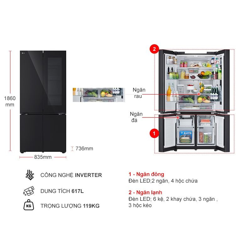 Tủ Lạnh 4 cánh Multi Door Inverter 617 Lít LG LFB61BLGAI 6 Kích thước tủ Lạnh 4 cánh Multi Door Inverter 617 Lít LG LFB61BLGAI