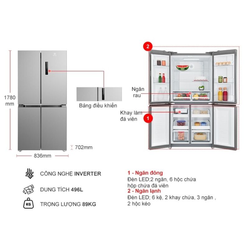 Tủ Lạnh 4 cánh Multi doors Inverter 496 Lít Electrolux EQE4900A-A 5 Kích thước tủ Lạnh 4 cánh Multi doors Inverter 496 Lít Electrolux EQE4900A-A