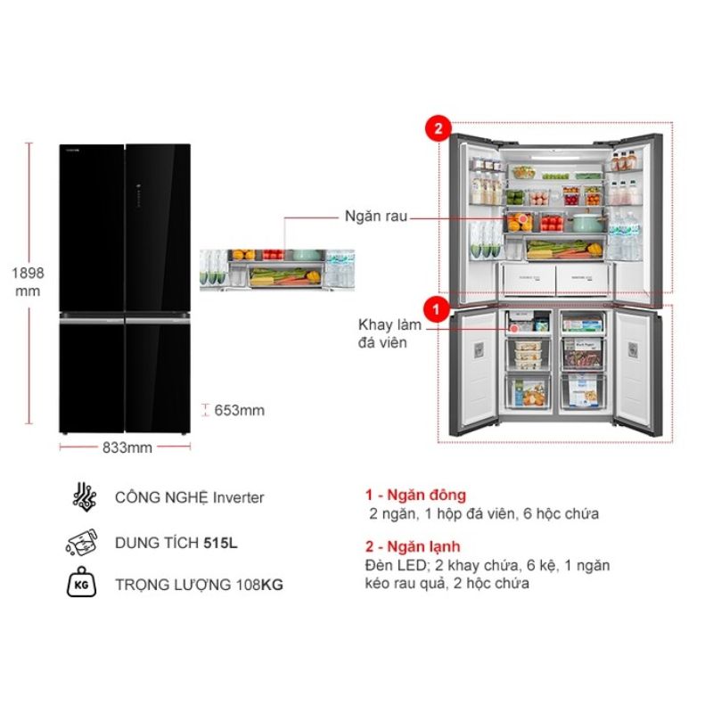 Tủ Lạnh 4 cánh Multi doors Inverter 515 Lít Toshiba GR-RF665WIA-PGV(22)-XK 5 Kích thước tủ Lạnh 4 cánh Multi doors Inverter 515 Lít Toshiba GR-RF665WIA-PGV(22)-XK