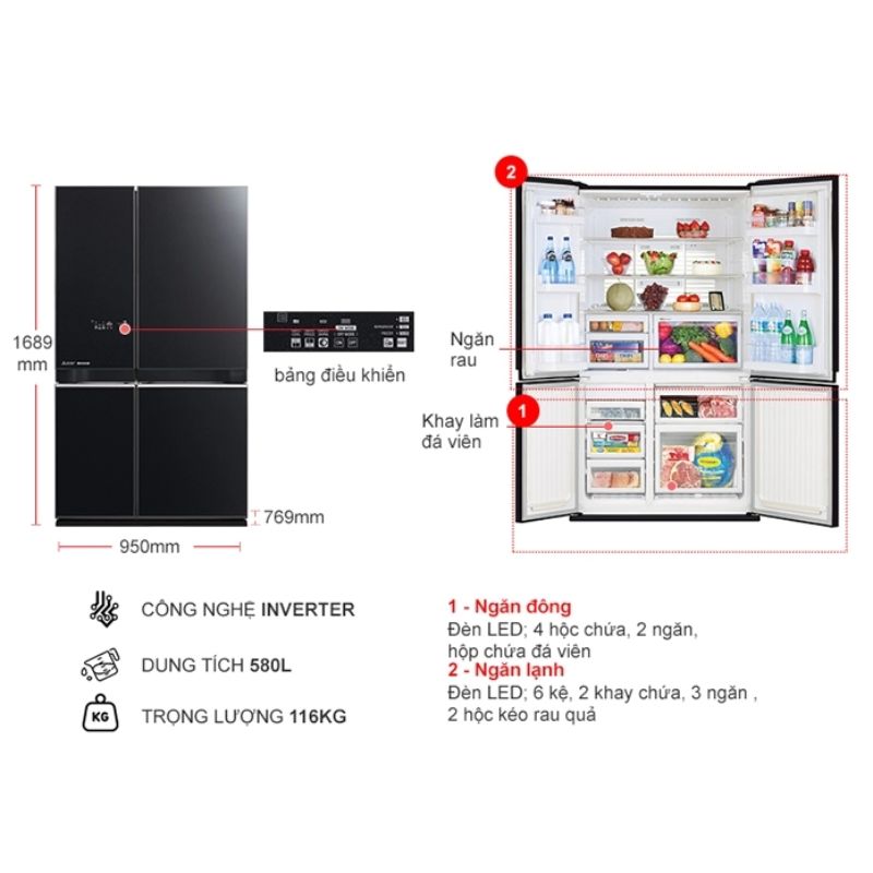 Tủ Lạnh 4 cánh Multi doors Inverter 580 Lít Mitsubishi MR-LA72ER-GBK-V 4 Kích thước tủ Lạnh 4 cánh Multi doors Inverter 580 Lít Mitsubishi MR-LA72ER-GBK-V