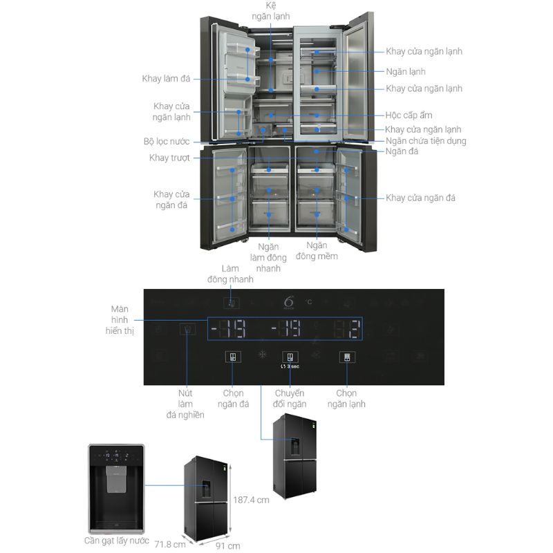 Tủ Lạnh 4 cánh Multi Doors Inverter 593 Lít Whirlpool WFQ590DBSV 5 Kích thước tủ Lạnh 4 cánh Multi Doors Inverter 593 Lít Whirlpool WFQ590DBSV