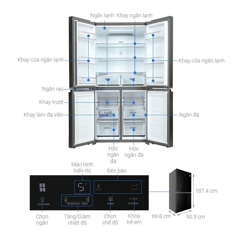Tủ Lạnh 4 cánh Multi Doors Inverter 594 Lít Whirlpool WFQ590NBGV 5 Kích thước tủ Lạnh 4 cánh Multi Doors Inverter 594 Lít Whirlpool WFQ590NBGV