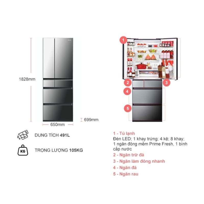 Tủ Lạnh 6 cánh Multi Door Inverter 491 Lít Panasonic NR-F503GT-X2 5 Kích thước tủ Lạnh 6 cánh Multi Door Inverter 491 Lít Panasonic NR-F503GT-X2