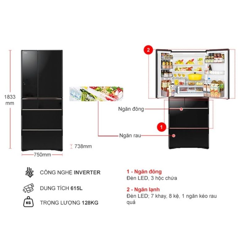 Tủ Lạnh 6 cánh Multi door Inverter 615 Lít Hitachi R-WX620KV XK 5 Kích thước tủ Lạnh 6 cánh Multi door Inverter 615 Lít Hitachi R-WX620KV XK