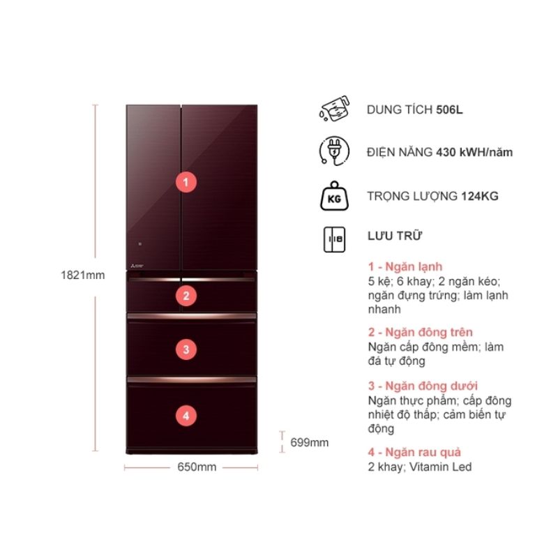 Tủ Lạnh 6 cánh Multi doors Inverter 506 Lít Mitsubishi MR-WX52D-BR-V 5 Kích thước tủ Lạnh 6 cánh Multi doors Inverter 506 Lít Mitsubishi MR-WX52D-BR-V