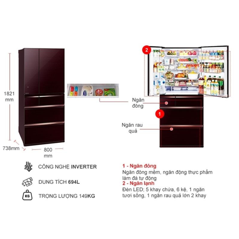 Tủ Lạnh 6 cánh Multi doors Inverter 694 Lít Mitsubishi MR-WX70C-BR-V 5 Kích thước tủ Lạnh 6 cánh Multi doors Inverter 694 Lít Mitsubishi MR-WX70C-BR-V