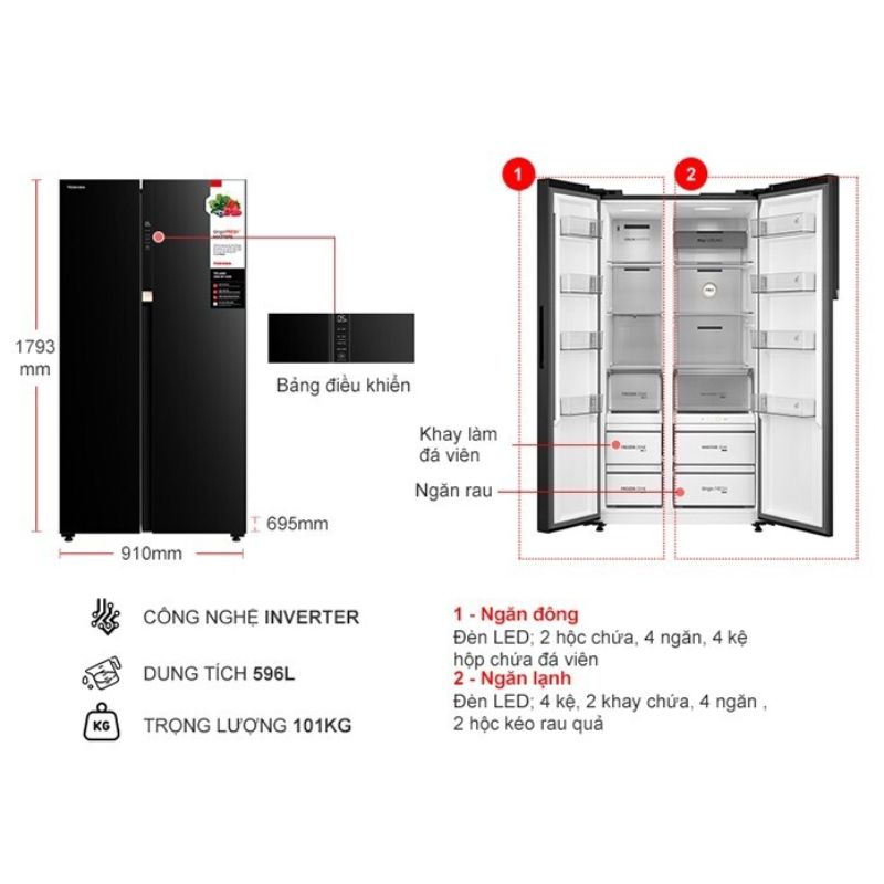 Tủ Lạnh 2 cánh side by side Inverter 596 Lít Toshiba GR-RS780WI-PGV(22)-XK 5 Kích thước tủ Lạnh 2 cánh side by side Inverter 596 Lít Toshiba GR-RS780WI-PGV(22)-XK