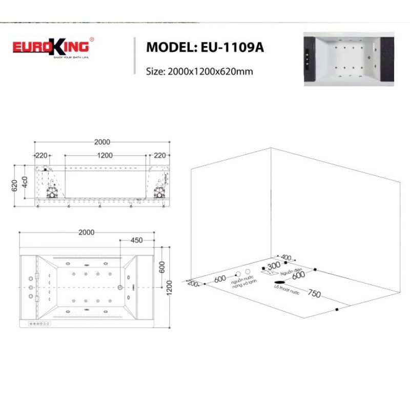 Bồn tắm massage EuroKing EU-1109A 5 Kích thước bồn tắm massage EuroKing EU-1109A