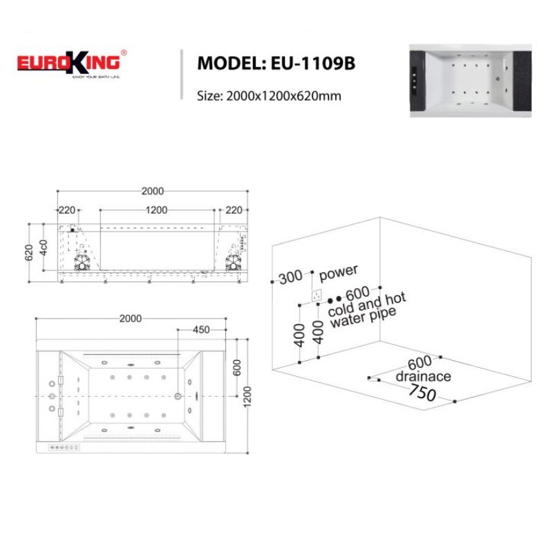 Bồn tắm massage EuroKing EU-1109B 5 Kích thước bồn tắm massage EuroKing EU-1109B